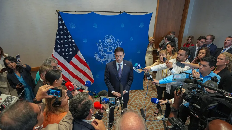 Marco Rubio ante la prensa en Barranquilla, Colombia, 8 de septiembre de 2026. Archivo; no fue tomada en el G20 de Atlanta.